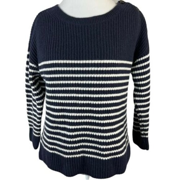 Ann Taylor Striped Wool Cashmere Sweater Size L Navy Blue Off White - Picture 1 of 12